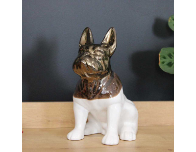 Statuette chien bouledogue en céramique Zoya (Blanc et or)