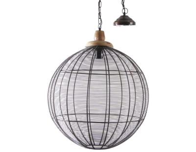 Lampe suspension en métal laqué gris et bois (Boule)