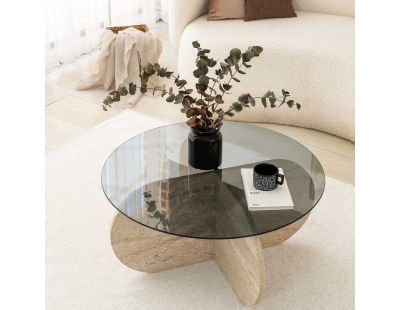 Table basse en verre et aggloméré Bubble (Beige travertine, verre fumé)