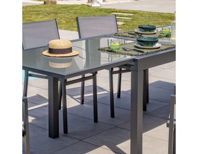 Table de jardin en aluminium et plateau verre avec rallonge intégrée Tolede (Plateau réglable de 135 à 270 cm)