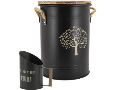 Tabouret et seau à pellets avec pelle Au coin du feu (Métal laqué Arbre de vie)