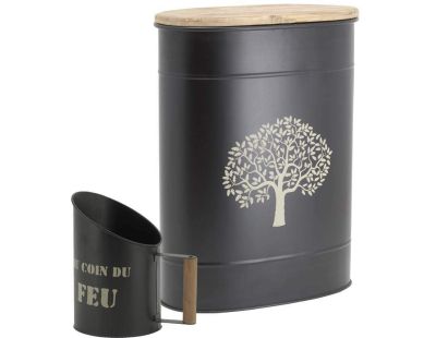 Tabouret et seau à pellets avec pelle Au coin du feu (Métal noir Arbre)