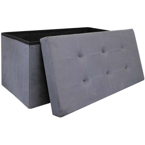 Banc Coffre De Rangement En Suedine Lina Gris Anthracite