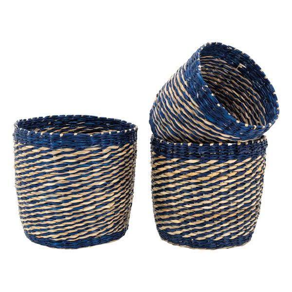 Cache-pots en jonc naturel et bleu (lot de 3)