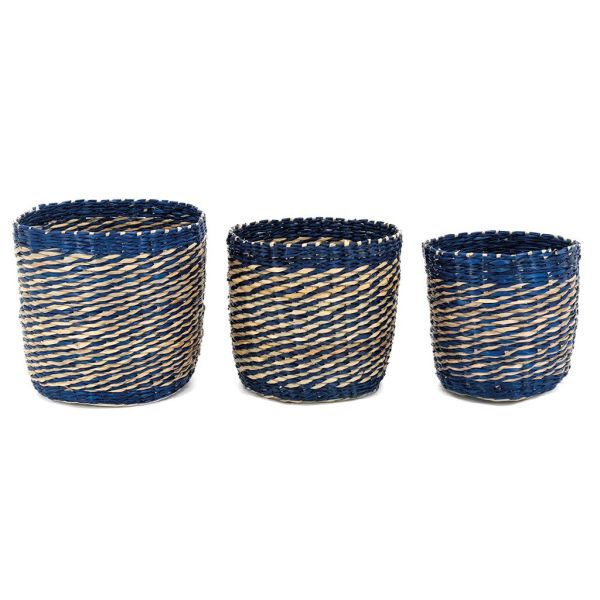 Cache-pots en jonc naturel et bleu (lot de 3) - AUB-5818