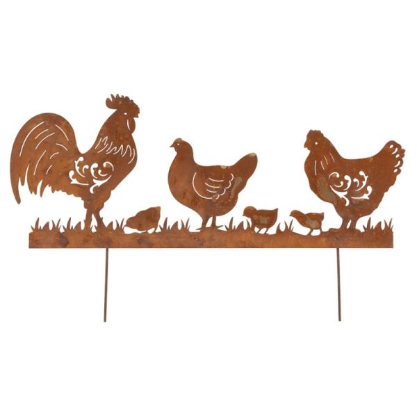 Décor de jardin Poules et Coq en métal vieilli