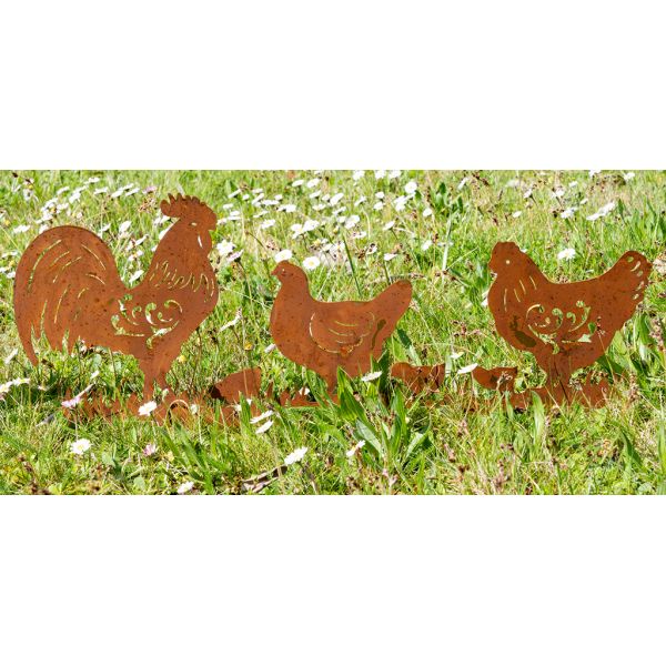 Décor de jardin Poules et Coq en métal vieilli - AUBRY GASPARD