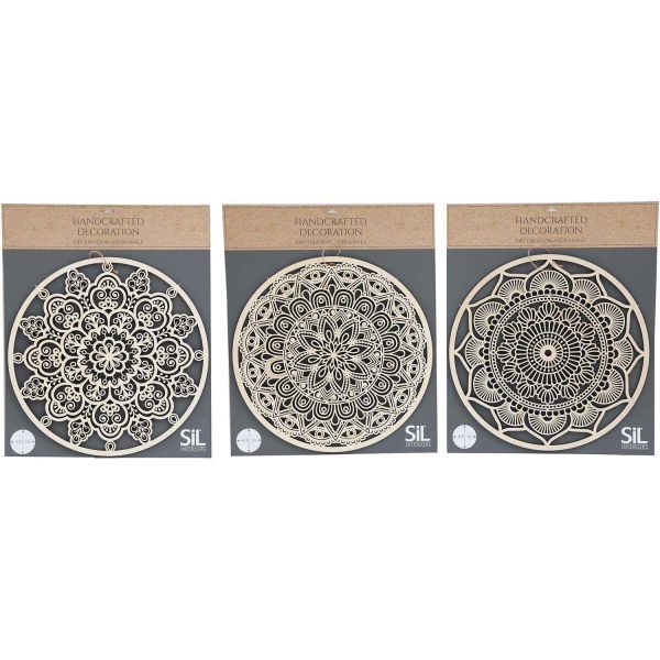 Décoration murale en bois sculpté ronde Mandala 40 cm (Lot de 3)