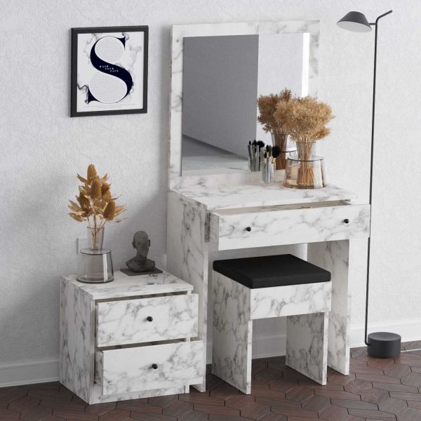 Ensemble coiffeuse avec miroir, petite commode et tabouret Nice - 5