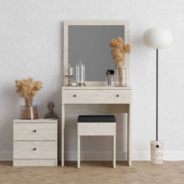 Ensemble coiffeuse avec miroir, petite commode et tabouret Nice - HANAH HOME