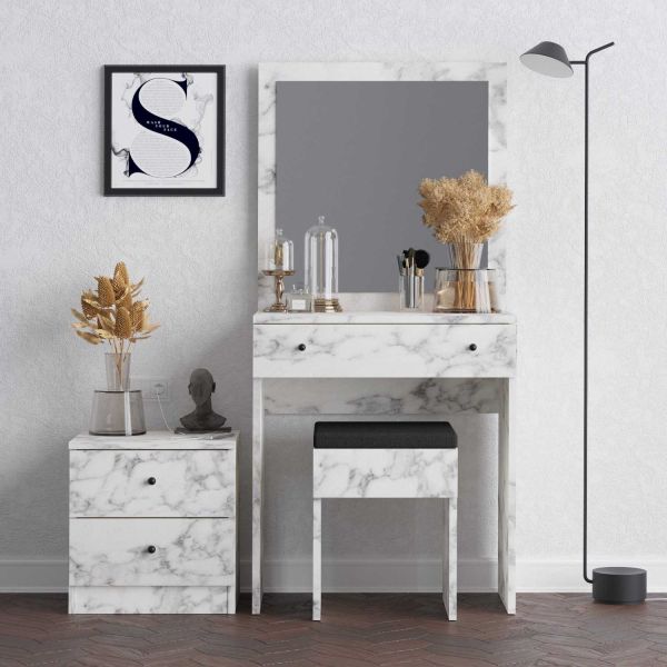 Ensemble coiffeuse avec miroir, petite commode et tabouret Nice - HANAH HOME