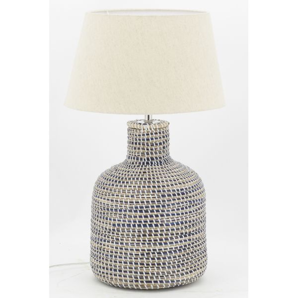 Pied de lampe en jonc naturel et bleu - 5