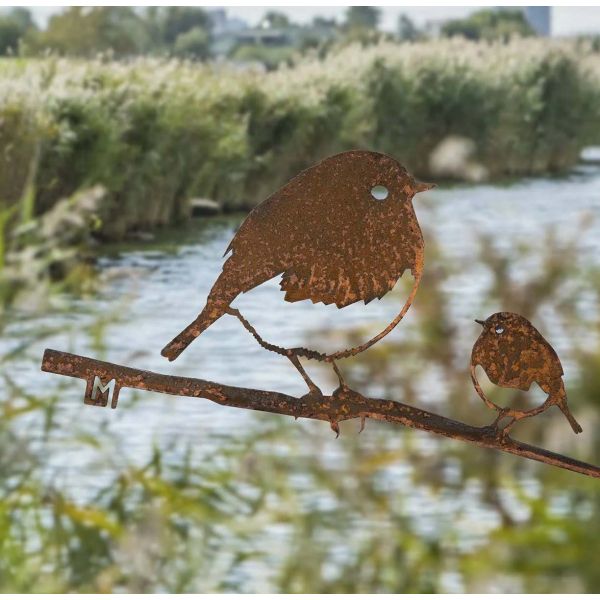 Oiseau à planter rouge gorge en acier corten Hauteur 14cm Metalbird