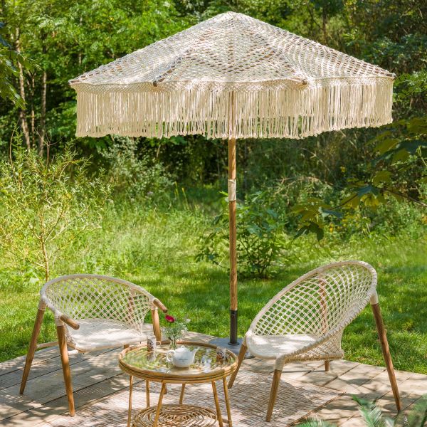 Parasol en macramé avec mât en teck - 5