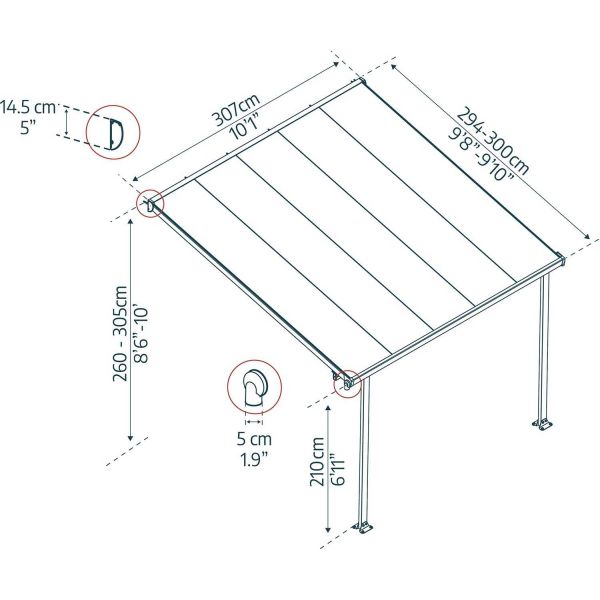 Pergola à adosser en aluminium gris et polycarbonate Feria - PAA-0315