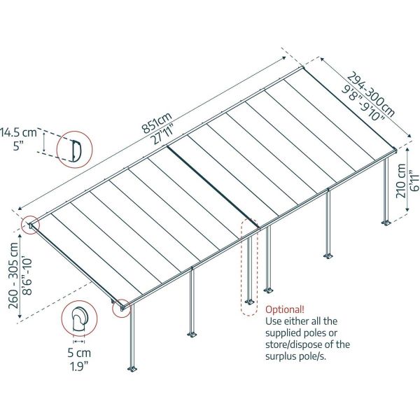 Pergola à adosser en aluminium gris et polycarbonate Feria - PAA-0320