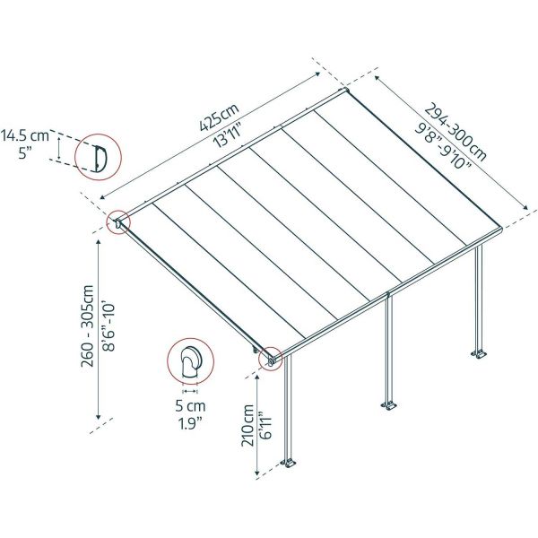 Pergola à adosser en aluminium gris et polycarbonate Feria - PAA-0316