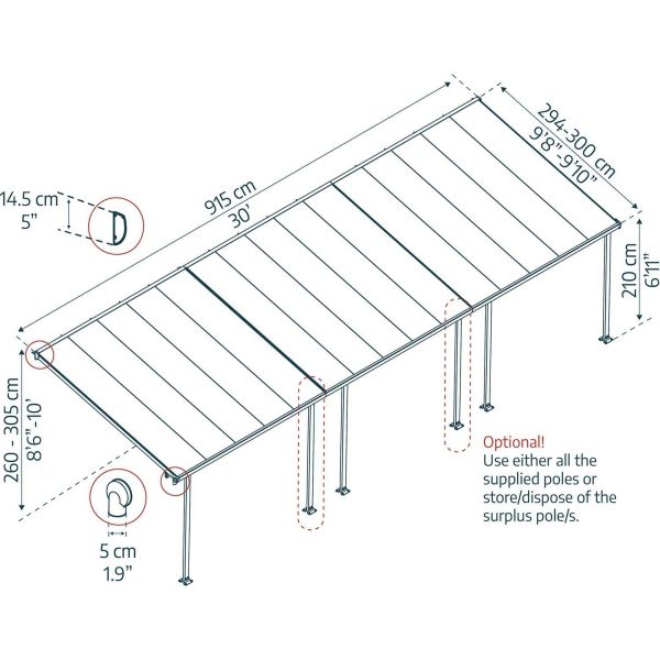 Pergola à adosser en aluminium gris et polycarbonate Feria - PAA-0321