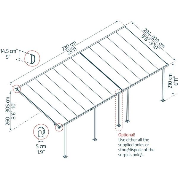 Pergola à adosser en aluminium gris et polycarbonate Feria - PAA-0319