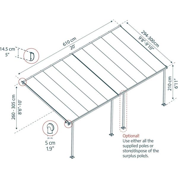 Pergola à adosser en aluminium gris et polycarbonate Feria - PAA-0318