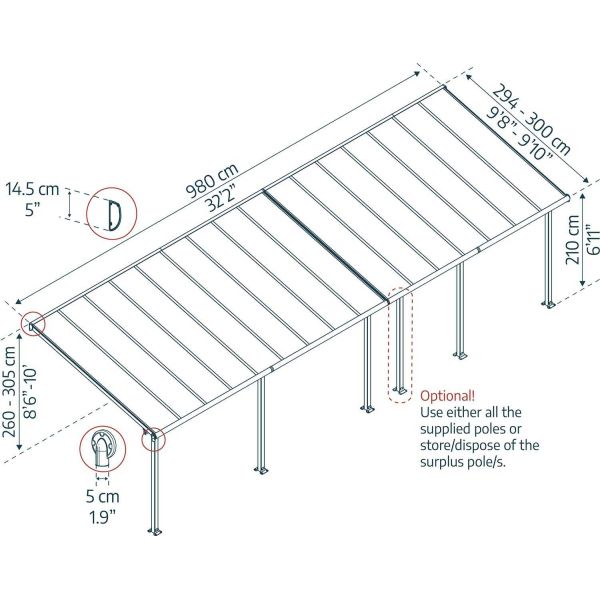 Pergola à adosser en aluminium gris et polycarbonate Olympia - PAA-0336