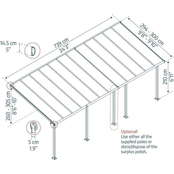 Pergola à adosser en aluminium gris et polycarbonate Olympia - PAA-0333