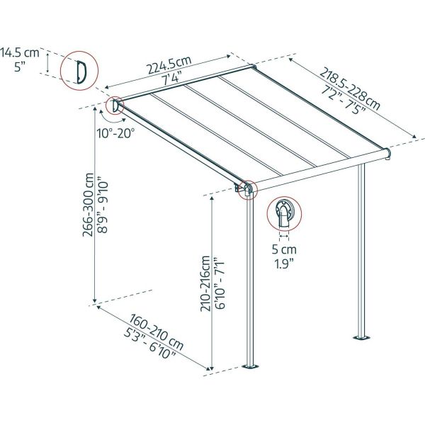 Pergola à adosser en aluminium gris et polycarbonate Sierra - PAA-0303