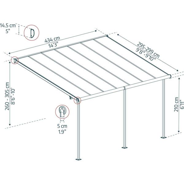 Pergola à adosser en aluminium gris et polycarbonate Sierra - PAA-0307