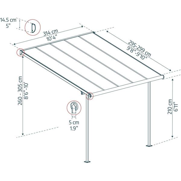 Pergola à adosser en aluminium gris et polycarbonate Sierra - PAA-0306