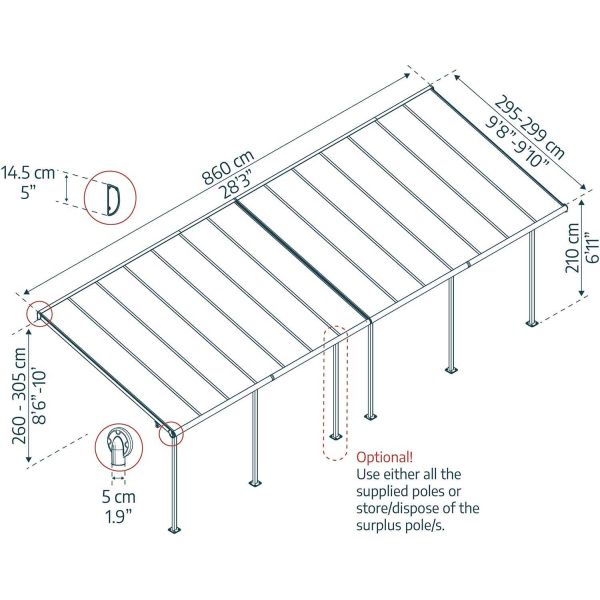 Pergola à adosser en aluminium gris et polycarbonate Sierra - PAA-0311