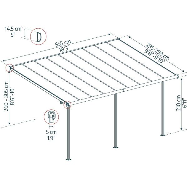 Pergola à adosser en aluminium gris et polycarbonate Sierra - PAA-0308