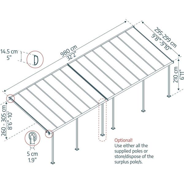 Pergola à adosser en aluminium gris et polycarbonate Sierra - PAA-0313