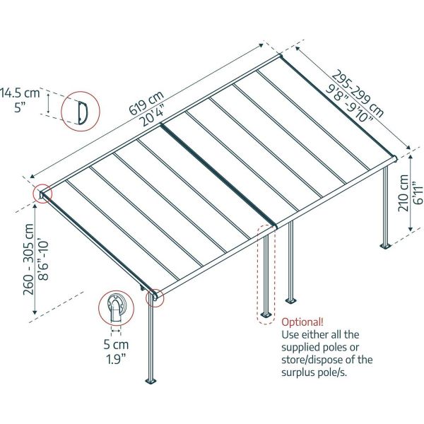 Pergola à adosser en aluminium gris et polycarbonate Sierra - PAA-0309