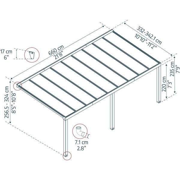 Pergola à adosser en aluminium gris et polycarbonate Stockholm - PAA-0366