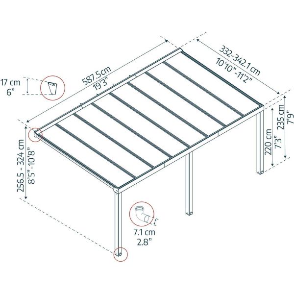 Pergola à adosser en aluminium gris et polycarbonate Stockholm - PAA-0365