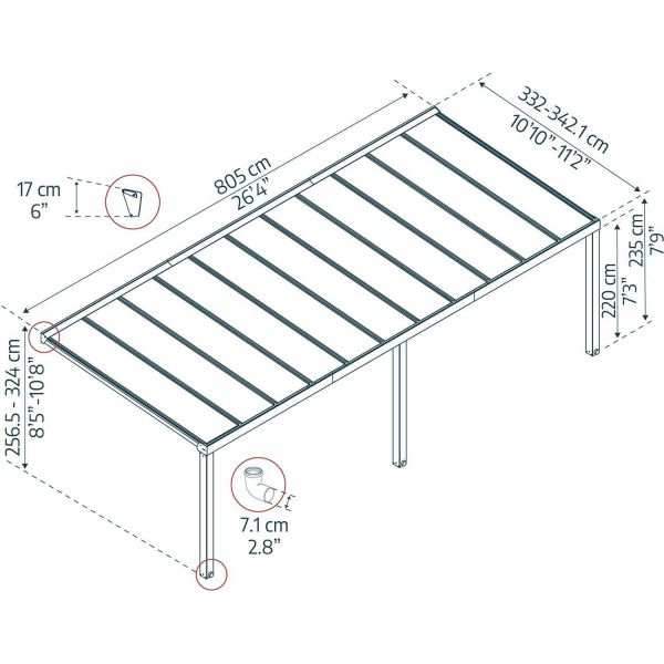 Pergola à adosser en aluminium gris et polycarbonate Stockholm - PAA-0368