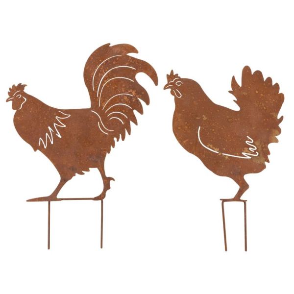 Décors de jardin en métal poule + coq (lot de 2)