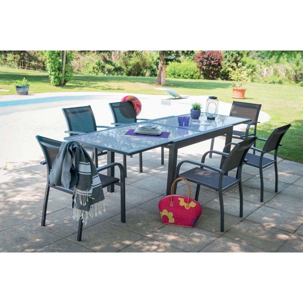 Salon De Jardin Aluminium Et Verre 6 Fauteuils Honfleur Table Anthracite Fauteuils Toile Gris Anthracite