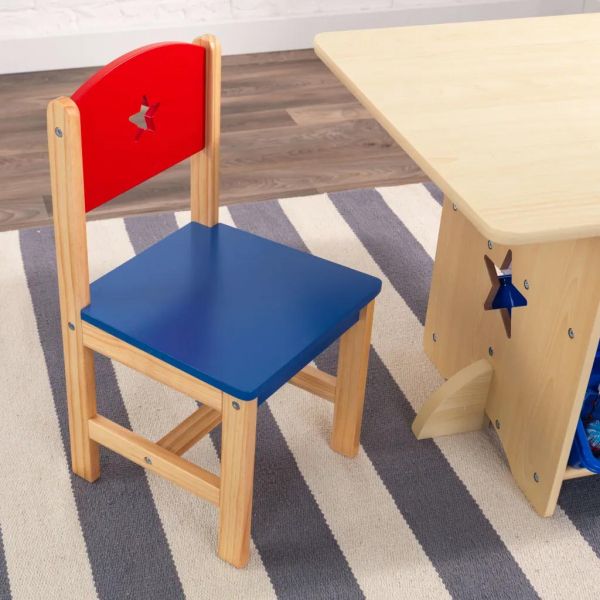 Table, chaises et bac rangement enfant en bois (etoile)