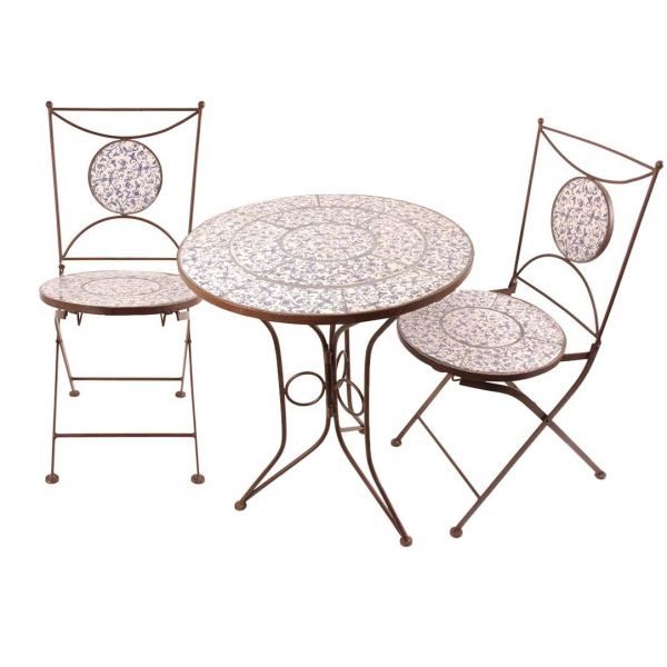 Table et chaises jardin fer forgé céramique 2 personnes