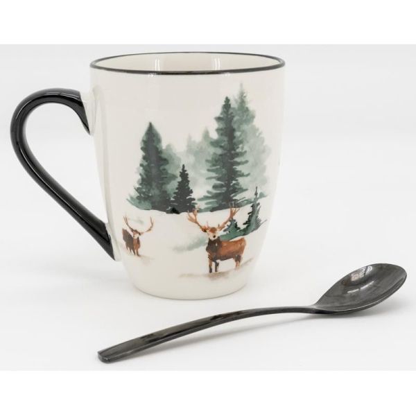 Vaisselle en porcelaine décor Cerf et Sapin, style fait main - AUB-6823