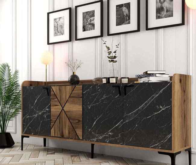 buffet-bois-portes-marbre-noir